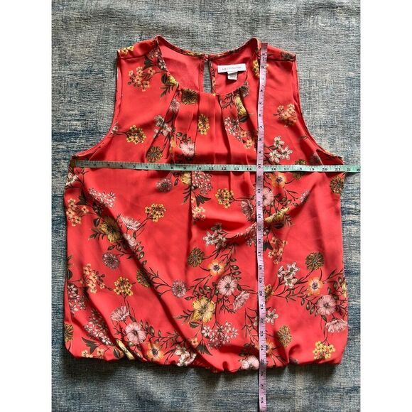Liz Claiborne Coral Floral Pleated Neck Bubble Hem Blouse Large - Picture 4 of 4